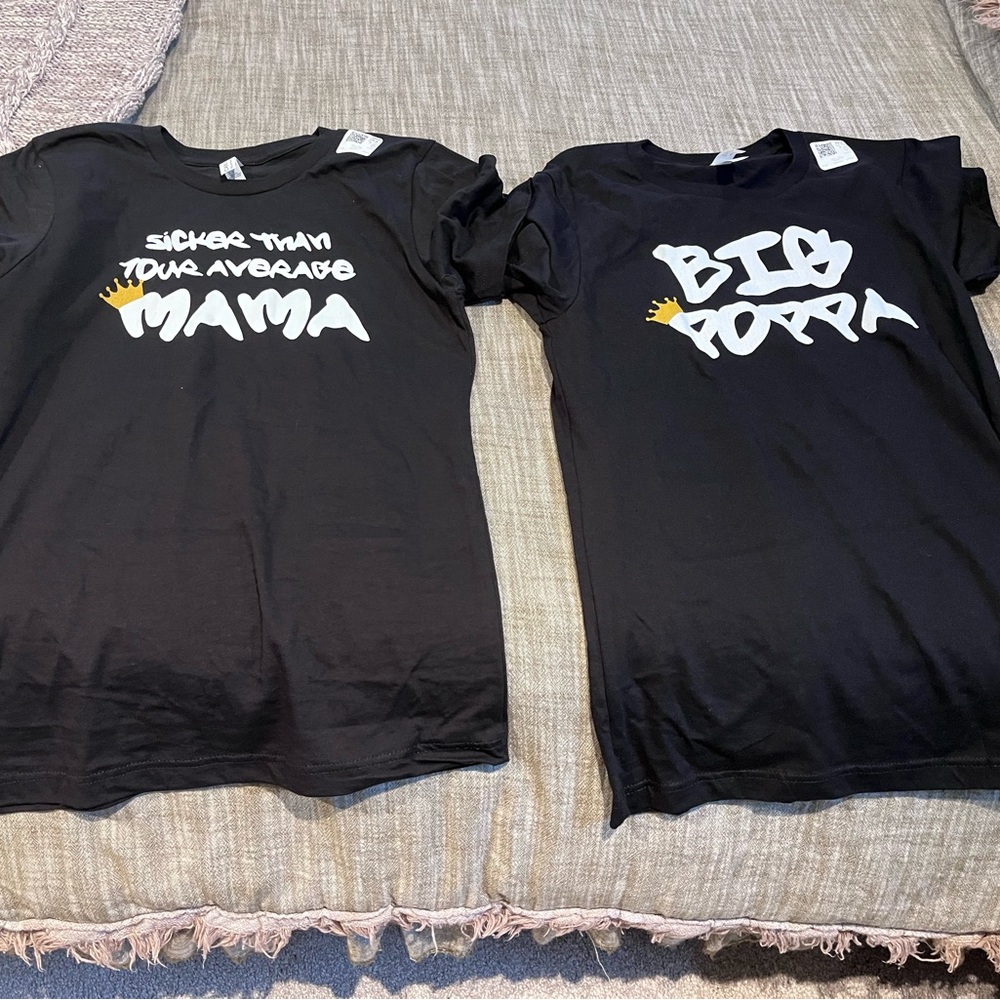 NWT Themed “Biggie” mom/dad shirts.